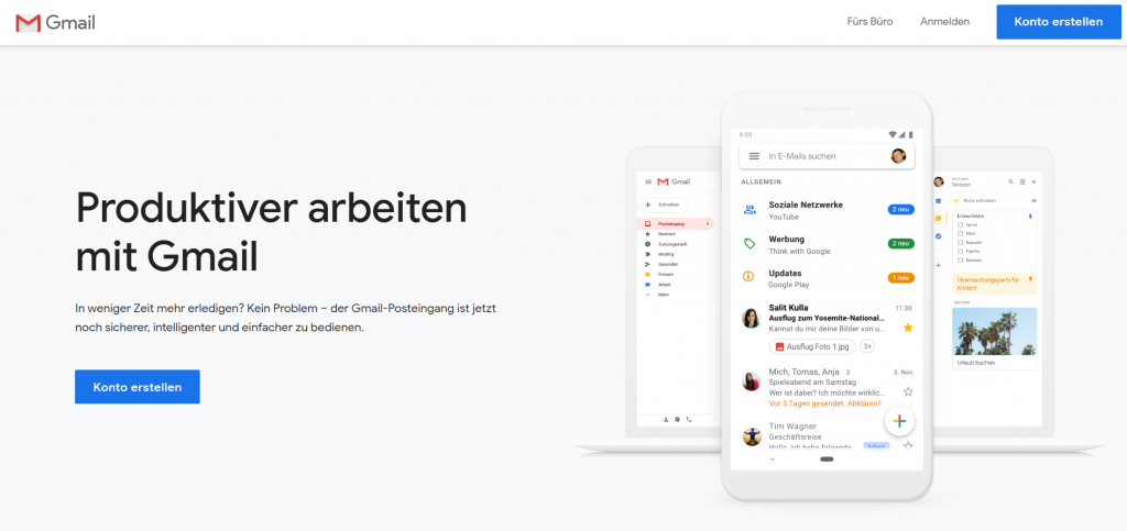 Gmail.com Startseite Screenshot: 'Produktiver arbeiten mit Gmail'