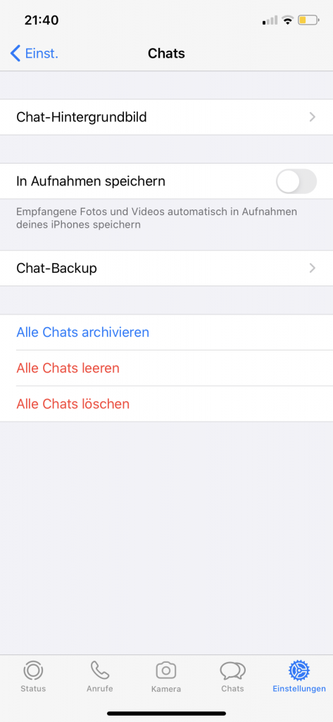 Screenshot: Chat Einstellungen bei WhatsApp (iOS App)