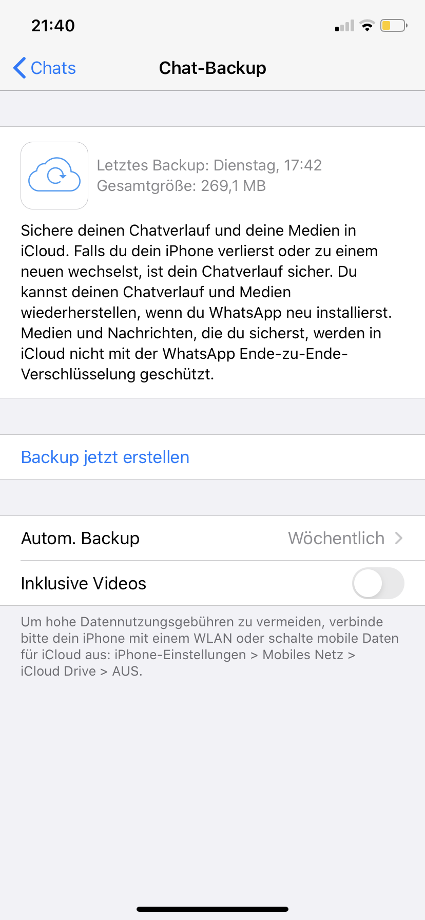  Screenshot: Chat-Backup Einstellungen bei WhatsApp (iOS)