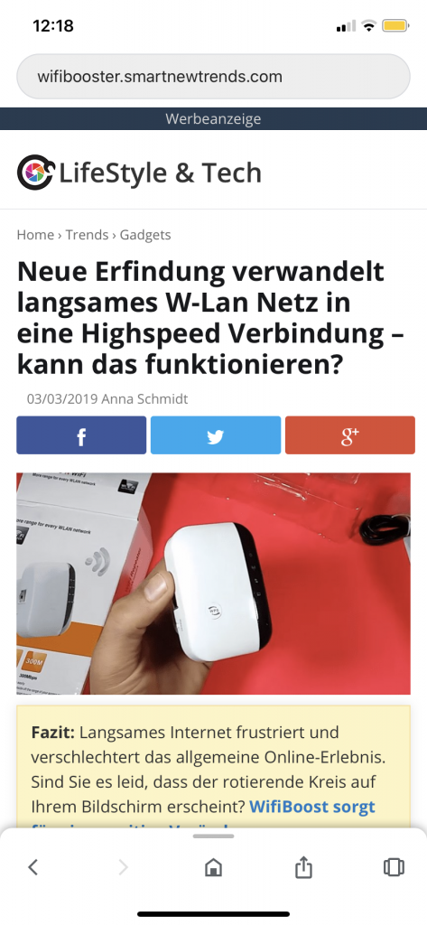 Fake-News Website mit kommerzieller Absicht - Screenshot