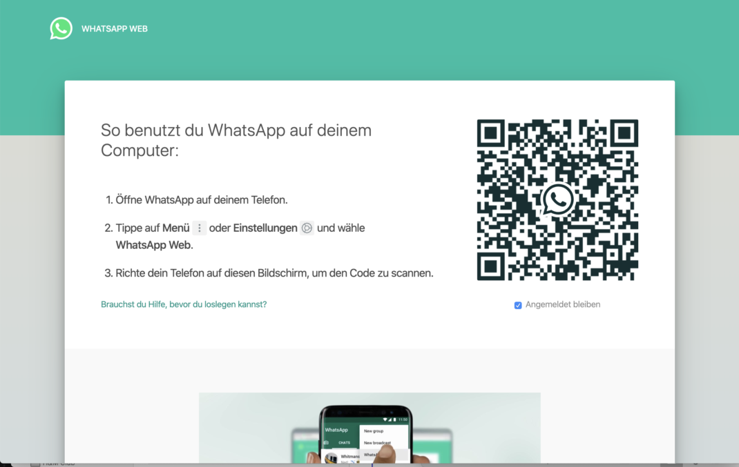 Die initiale Ansicht von WhatsApp Web: QR Code mit der App scannen