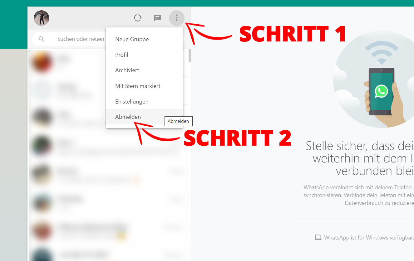 WhatsApp Web im Browser sicher ausloggen bzw. abmelden = Schritt 1: Menü, Schritt 2: Abmelden